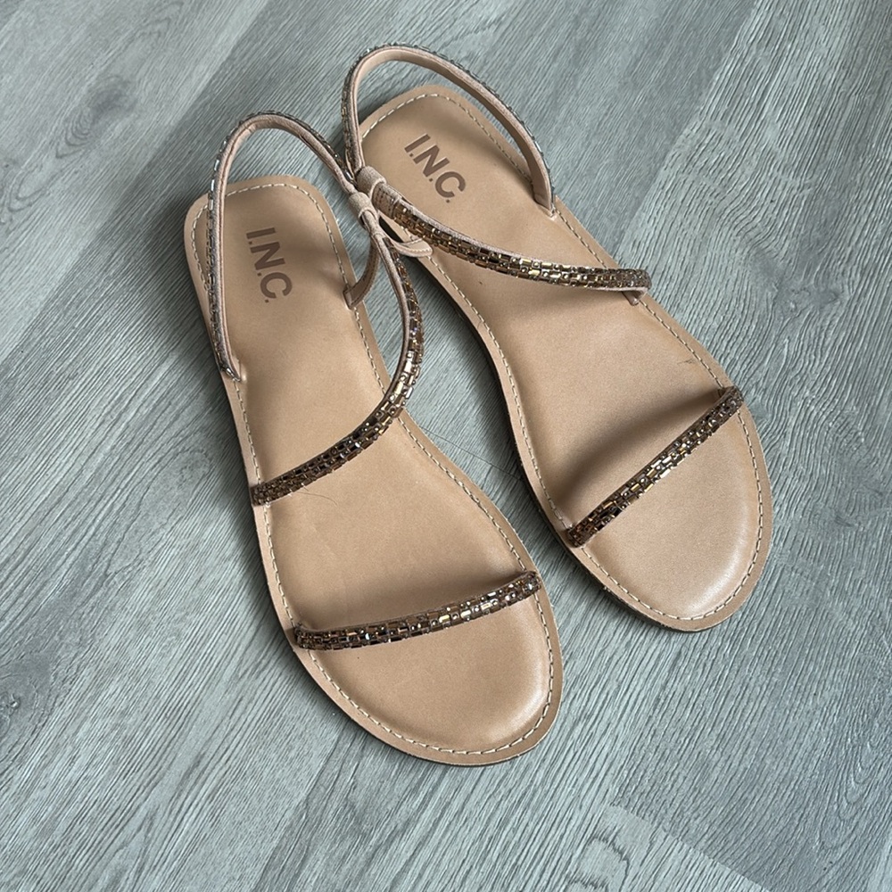 INC Elegant Tan Sandals with Bronze jewels